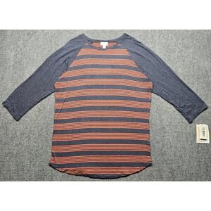 LuLaRoe Randy T-Shirt Womens L Gray Orange Striped 3/4 Sleeve Stretch New